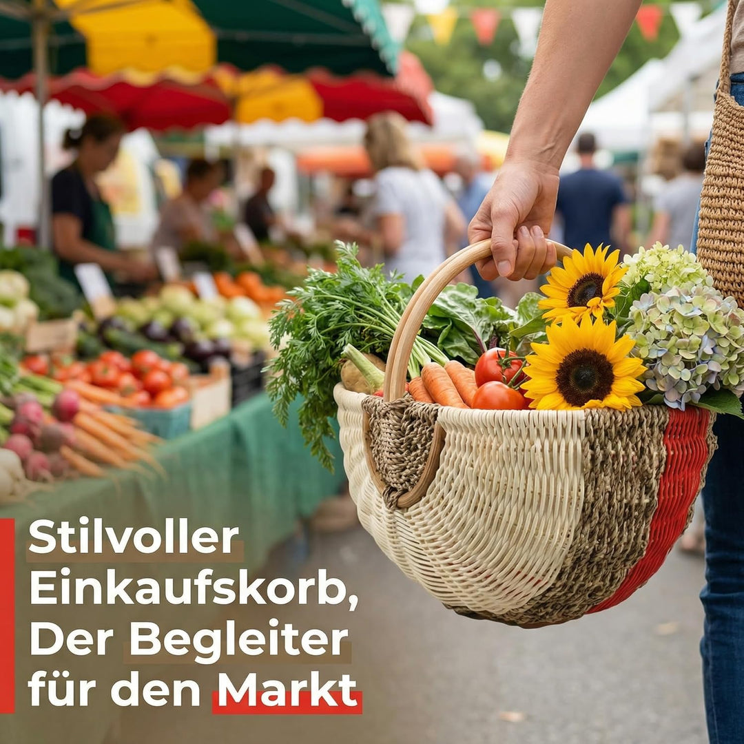 Grosser Einkaufskorb aus Rattan & Seegras – Handgeflochtener Picknickkorb mit Henkel – 48x33x24 cm –