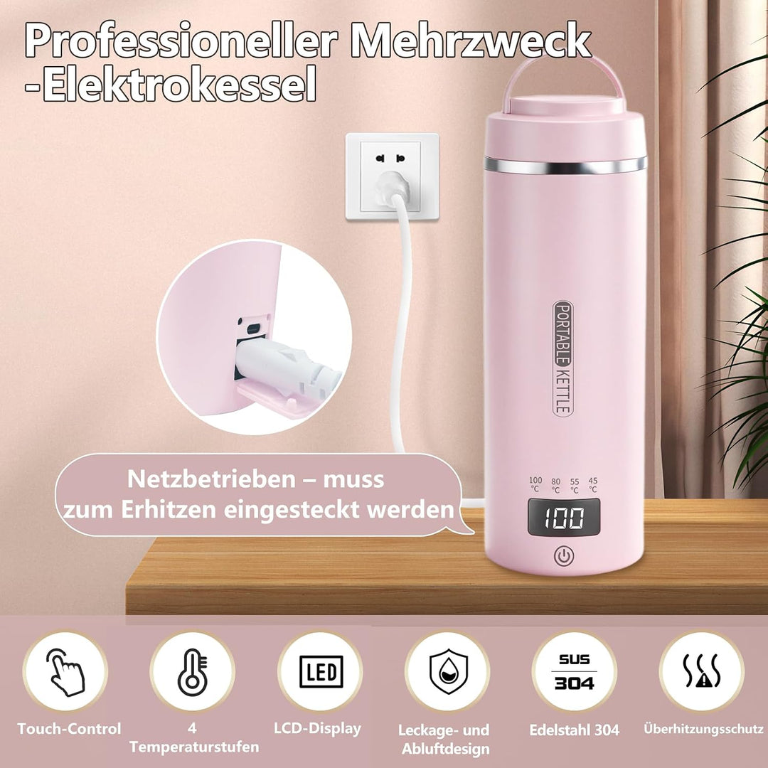 Tragbarer Reisewasserkocher 450 ml 4 Temperatureinstellungen Mini-Wasserkocher zum Anschliessen Edel