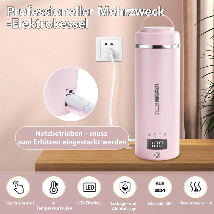Tragbarer Reisewasserkocher 450 ml 4 Temperatureinstellungen Mini-Wasserkocher zum Anschliessen Edel