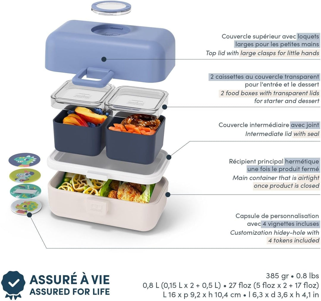 monbento - Lunchbox Kinder Tresor blau/cream - Brotdose Kinder mit 3 Fächern - Ideal für Mittagessen