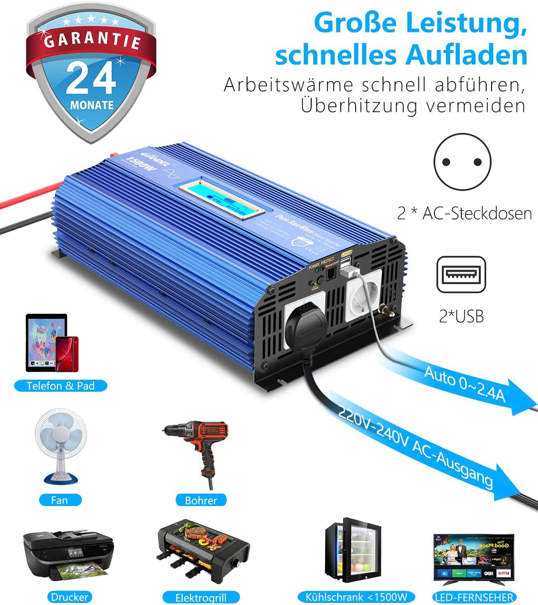 Reiner Sinus Wechselrichter 1500W Spannungswandler 12V auf 230V Power Inverter mit 2 AC-Steckdosen 2