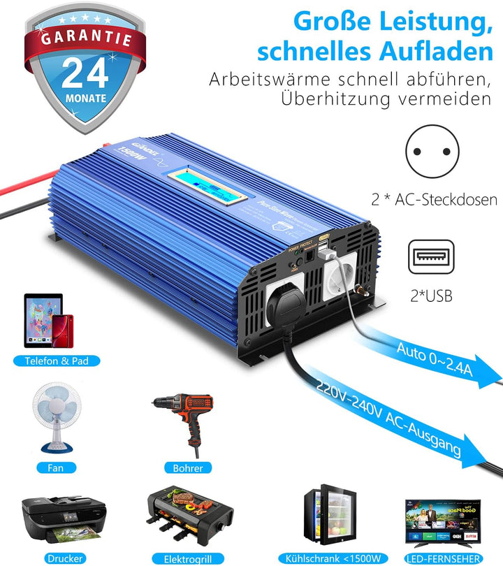 Reiner Sinus Wechselrichter 1500W Spannungswandler 12V auf 230V Power Inverter mit 2 AC-Steckdosen 2