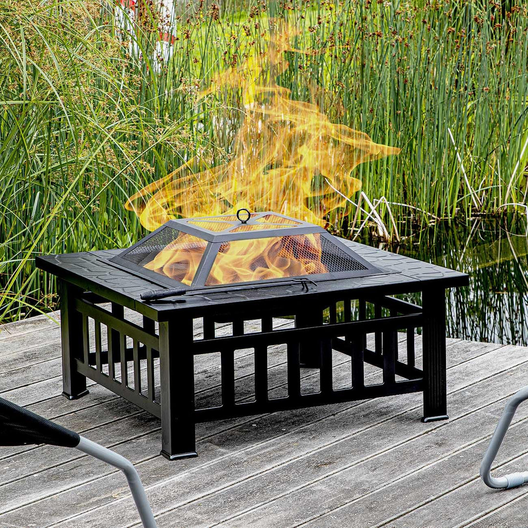Feuerstelle für Terrasse und Garten in dekorativer Steinoptik, Terrassenofen und Grill mit Grillrost