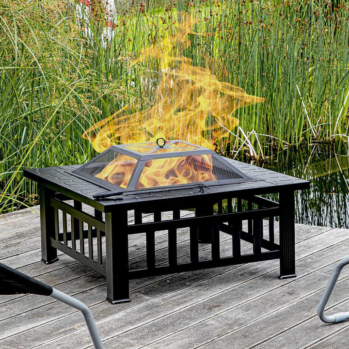 Feuerstelle für Terrasse und Garten in dekorativer Steinoptik, Terrassenofen und Grill mit Grillrost