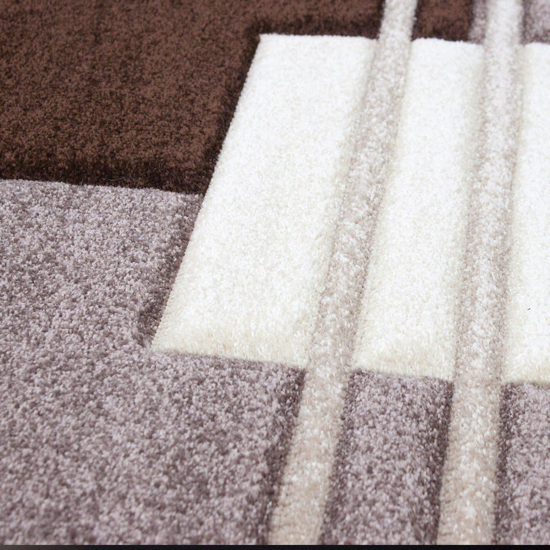 VIMODA Designer Teppich Kurzflor dichter Flor Wohnzimmer Braun Beige Kachel Linien mit Konturenschni