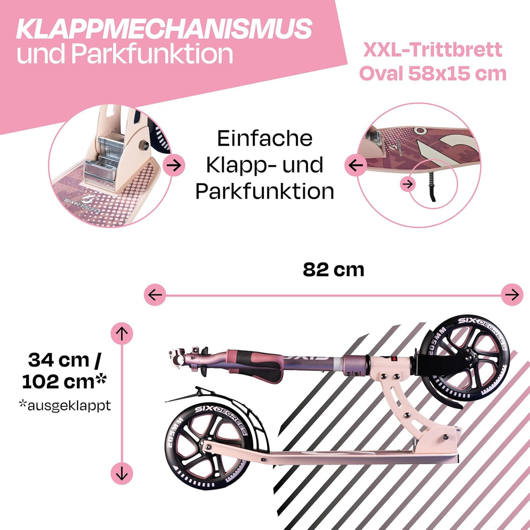 Six Degrees Aluminium Scooter mit Klappmechanismus, Ständer, 205 mm TESTSIEGER, ABEC 7, höhenverstel