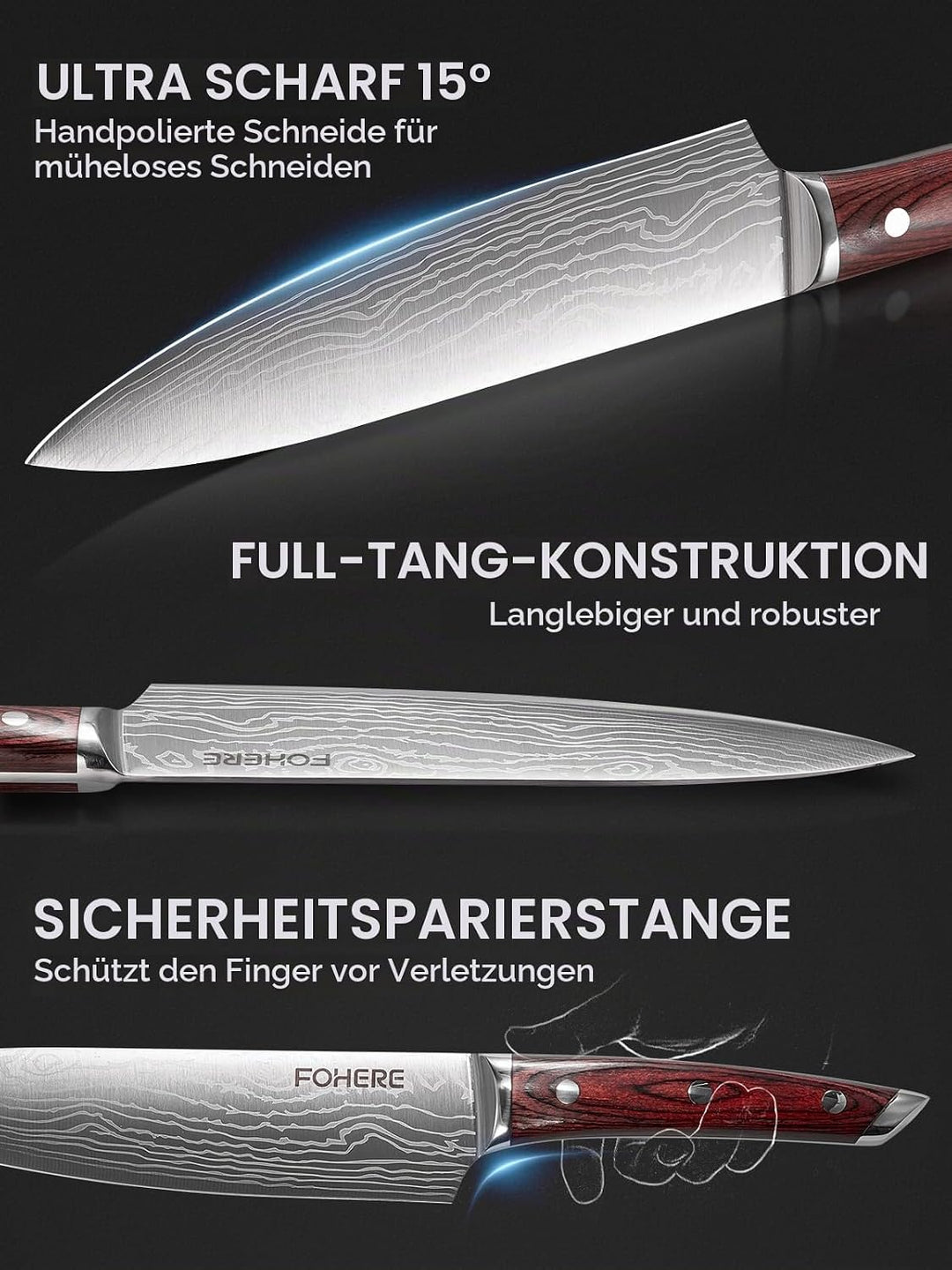 FOHERE Messerset, 5-teilig Ultra Scharfes Küchenmesser Set, Hochwertigem Carbon Edelstahl Messer Set