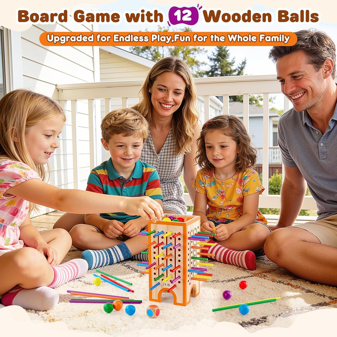 Montessori Spiel Brettspiel aus Holz, 42 Bunte Holzstäbchen &amp; 12 Bälle Kinderspiele ab 3 4 5 6 Jahre