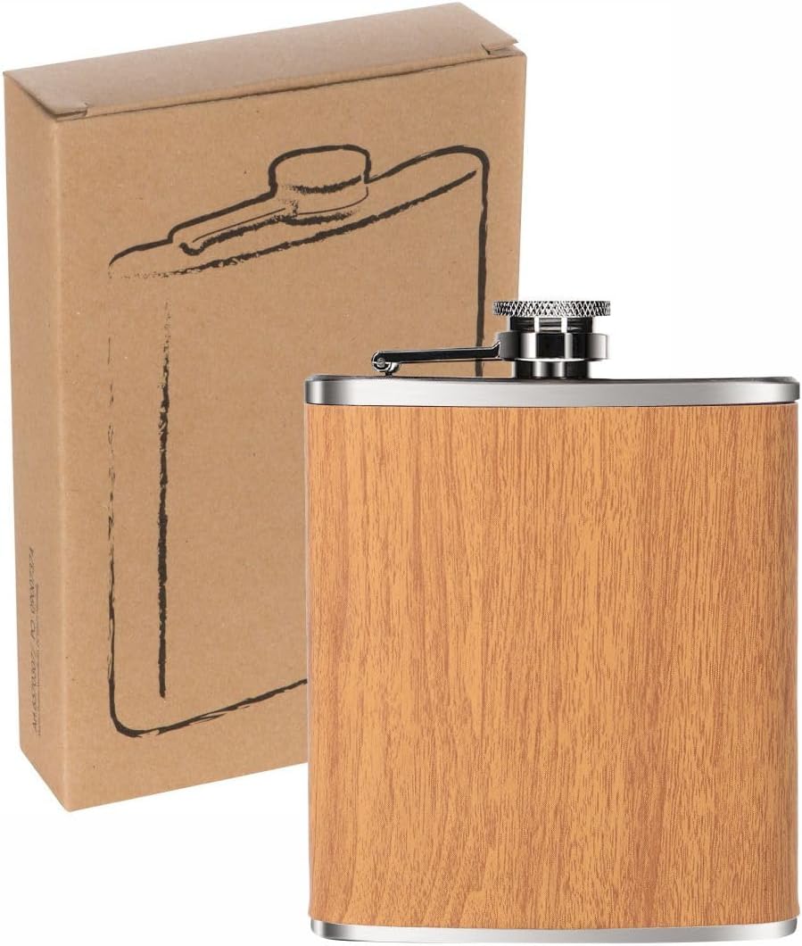Personalisierter Flachmann mit Gravur - 207 ml Edelstahl-Flachmann in Holzoptik – Geschenk für Männe