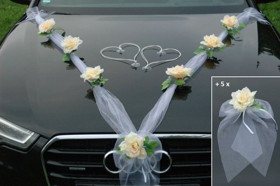 Organza M + Schleife Auto Schmuck Braut Paar Rose Deko Dekoration Autoschmuck Hochzeit Car Auto Wedd