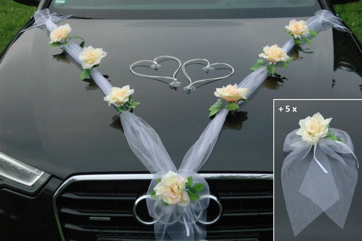 Organza M + Schleife Auto Schmuck Braut Paar Rose Deko Dekoration Autoschmuck Hochzeit Car Auto Wedd