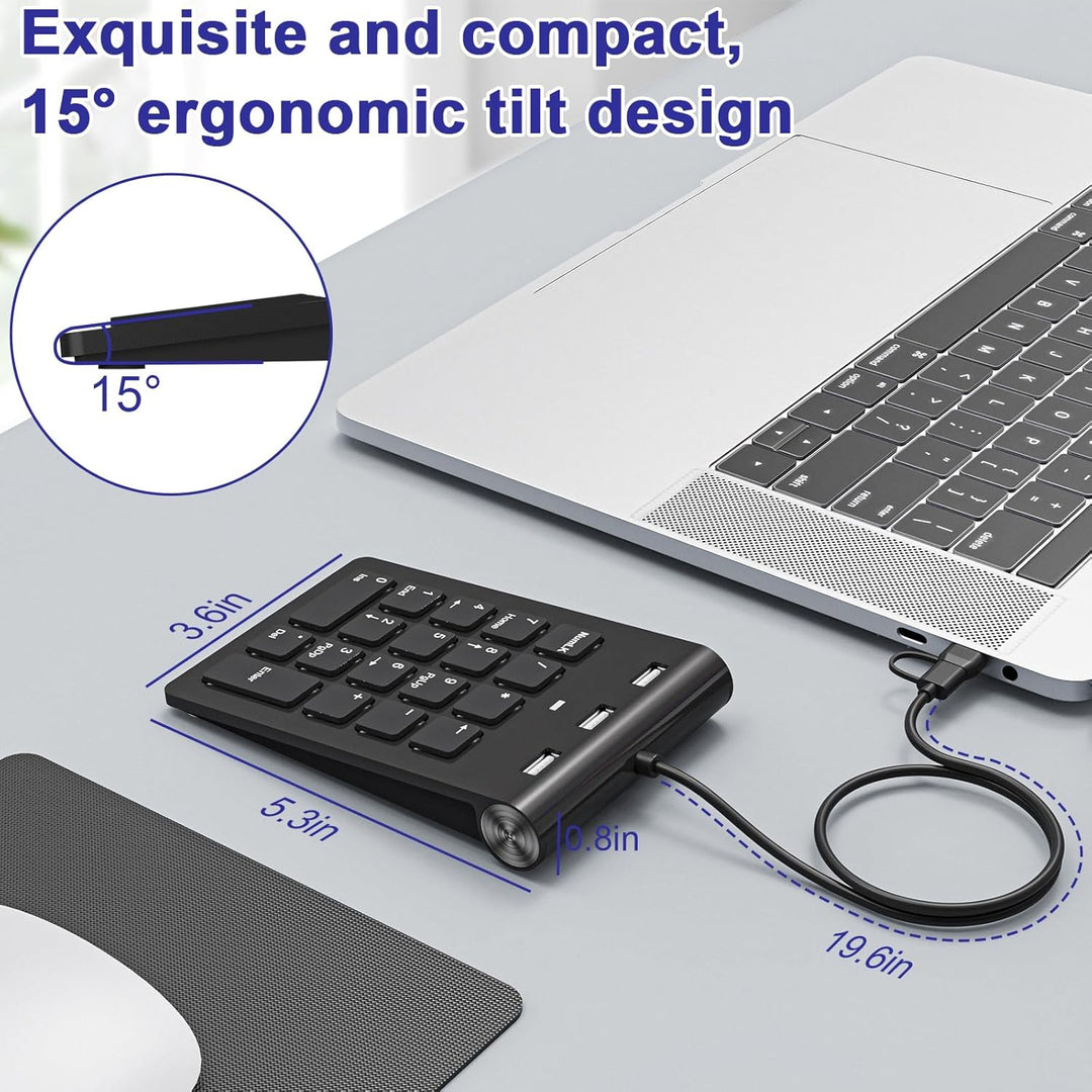 USB C & USBA Numpad Wired – Nummernblock mit 3 USB 2.0 Hub, 18-Tasten Ziffernblock für Laptop/Deskto