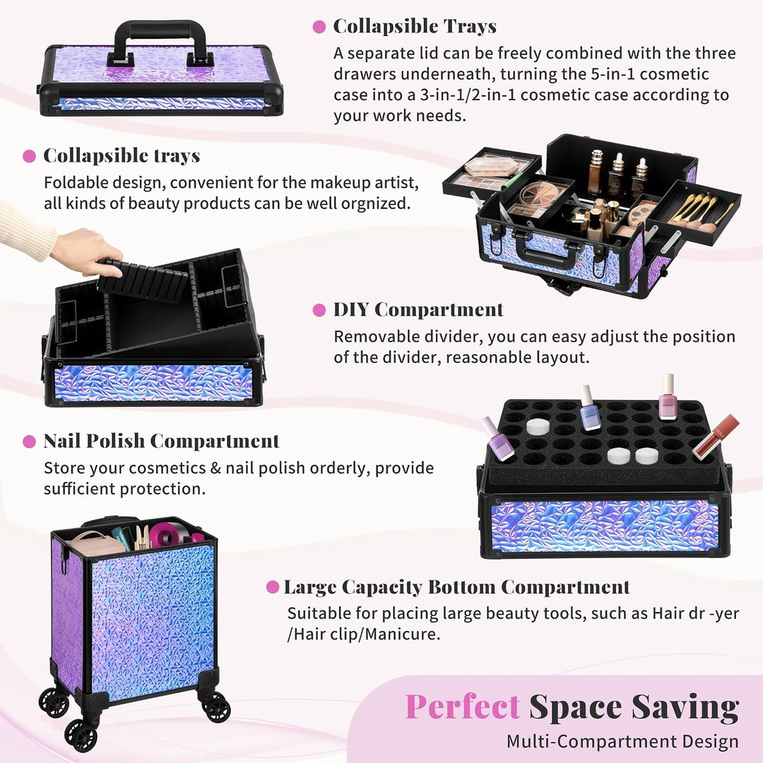 Arous 5-in-1-Kosmetik-Trolley mit Rollen, Abschliessbar, für Reisen, Friseure, Künstler, Nägel, Viol