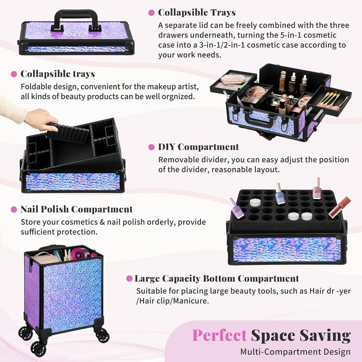 Arous 5-in-1-Kosmetik-Trolley mit Rollen, Abschliessbar, für Reisen, Friseure, Künstler, Nägel, Viol