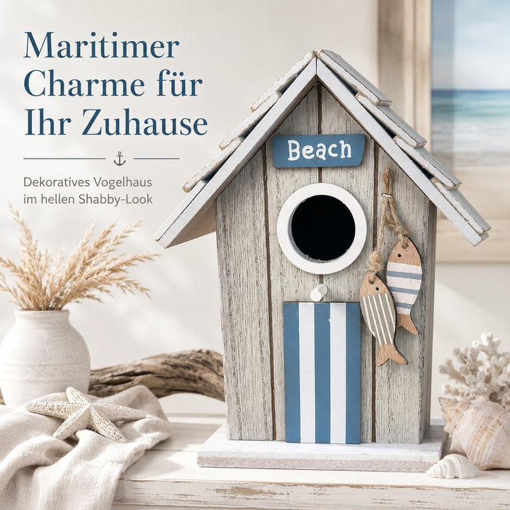 Boltze Vogelhaus Baduna mit Fischen & Beach-Schriftzug, Maritime Deko im Shabby-Look, MDF bemalt, ca
