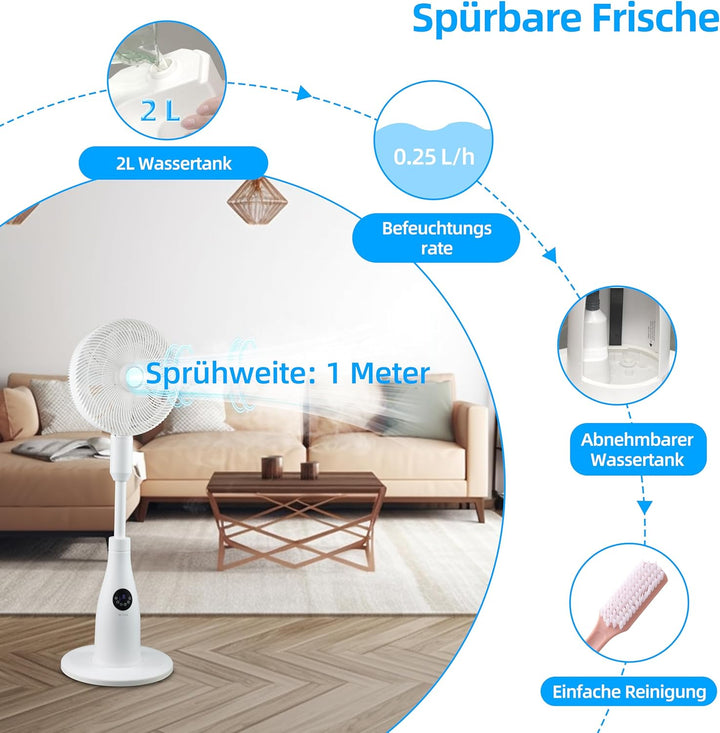 Be Cool Premium Sprühnebel Standventilator mit Fernbedienung | 80W | 2L Wassertank | 1500 m³/h | Osz
