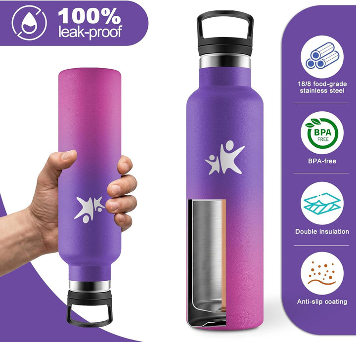 Isolierflasche Edelstahl 750ml, Doppelwandig Isoliert, Thermosflasche BPA-frei, Auslaufsicher, Kohle