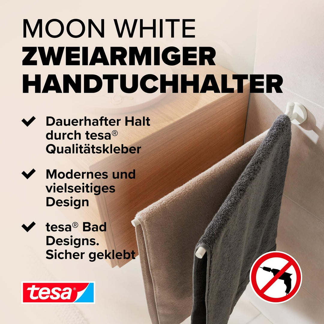 tesa MOON WHITE Handtuchhalter 2-armig, matt weiss, für Bad &amp; WC - für Bäder im Industrial Style und