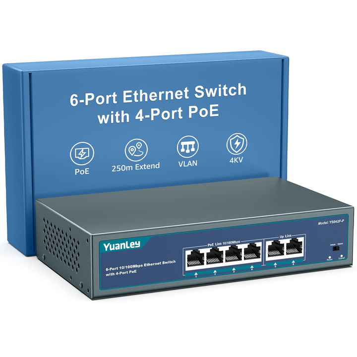YuanLey 6 Port PoE Switch with 4 Port PoE+, 802.3af/at 78W Built-in Power, Fanless Metal Unmanaged P