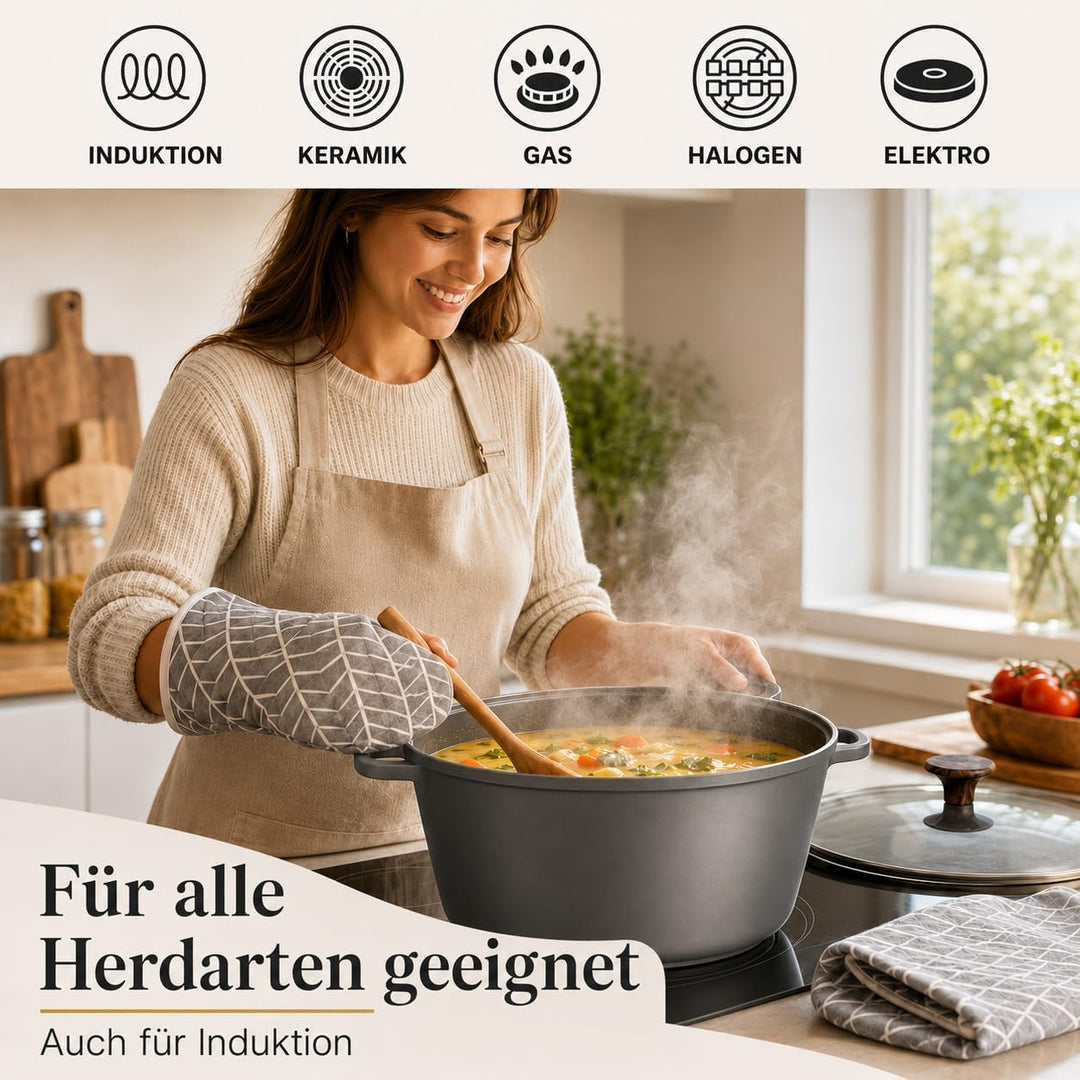 Royal Swiss® Kochtopf aus Aluminiumguss, Ø 32 cm - 9.5 Liter Gussaluminium mit Marmor-Antihaftbeschi