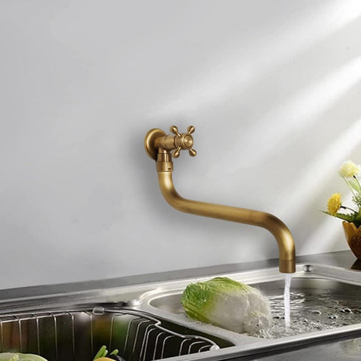 NIUKOMY Vintage Wasserhahn Messing Antike, Garten Kaltwasserhahn Wandmontage Lang, 360° Drehbar Einh