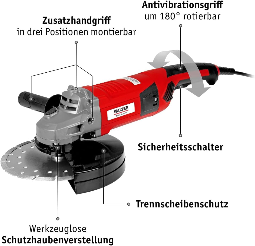 WALTER Winkelschleifer 2000 Watt, Scheiben-Ø: 230 mm, Polieren, Flexen, Flächen und Kanten schleifen