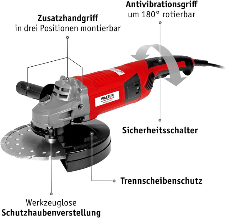 WALTER Winkelschleifer 2000 Watt, Scheiben-Ø: 230 mm, Polieren, Flexen, Flächen und Kanten schleifen