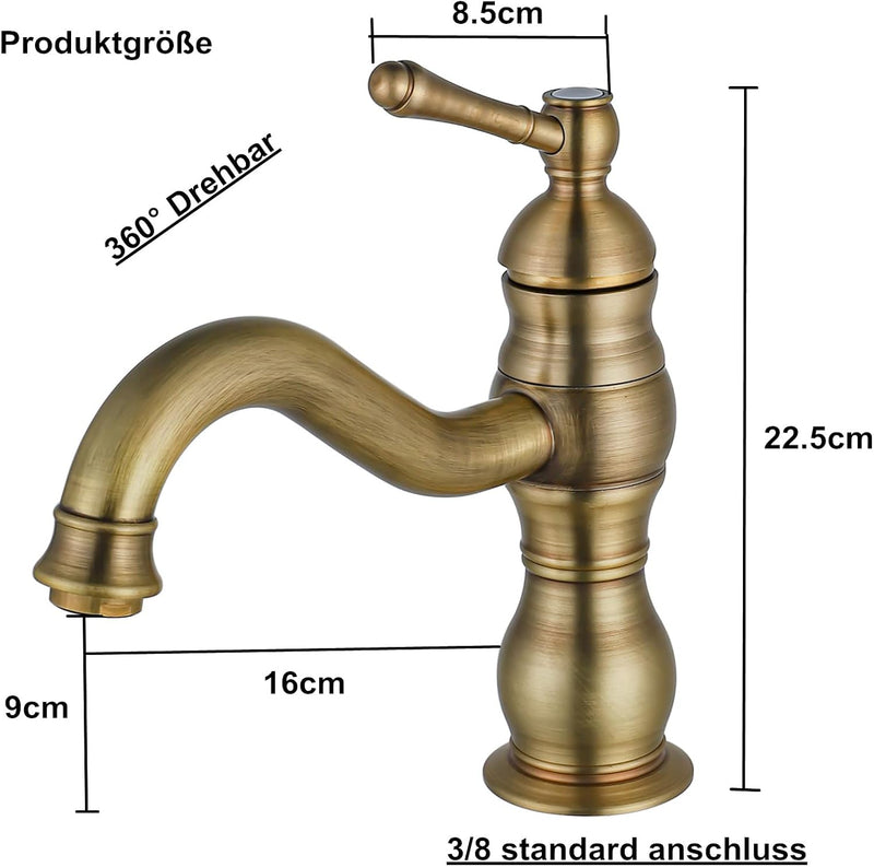 BOAOTX Wasserhahn Bad Antik Messing, Waschtischarmatur Retro, 360°Drehbar Waschbeckenarmatur, Badarm