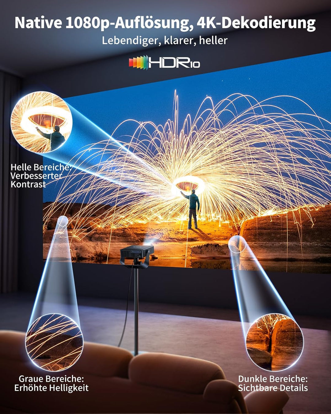 Smart Beamer【Kompatibel mit Netflix/Live TV/330° Drehbar】Mini Beamer 4K mit Autofokus/6D Trapezkorre