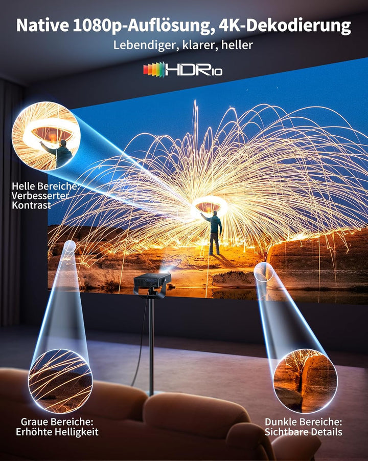 Smart Beamer【Kompatibel mit Netflix/Live TV/330° Drehbar】Mini Beamer 4K mit Autofokus/6D Trapezkorre