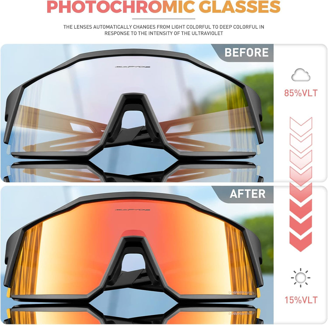 KAPVOE Photochromatische Selbsttönend Fahrradbrille TR90 Rahmen für Herren Damen Klar Sportsonnenbri