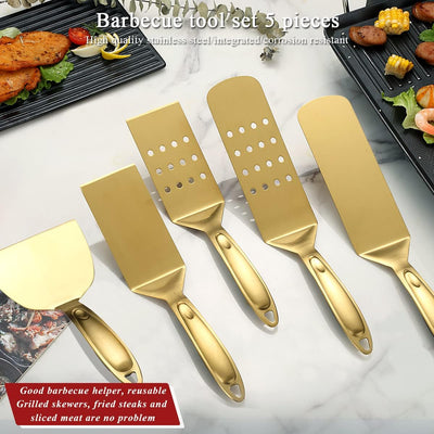 Berglander Gold BBQ Grillbesteck Set 5 Stück, Grillzubehör Edelstahlgriff mit Baklite zusammenbauen,