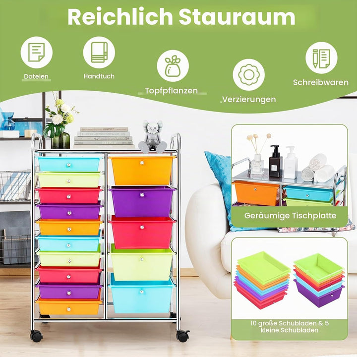 KOMFOTTEU Rollwagen mit 10/15 Schubladen stapelbar, Badrollwagen Rollcontainer mit Metallrahmen, All