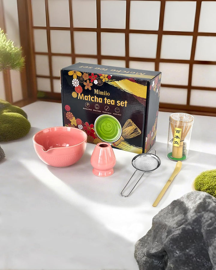 Rosa Matcha Whisk Set, 5 Pcs Macha Tea Set Includes Pink Ceramic Matcha Bowl with Spout, Bamboo Whis