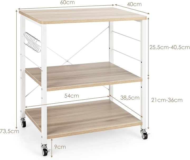 COSTWAY 3 Ebenen Servierwagen, Rollwagen mit Verstellbarer Ablage & 10 abnehmbaren Haken, Küchenwage