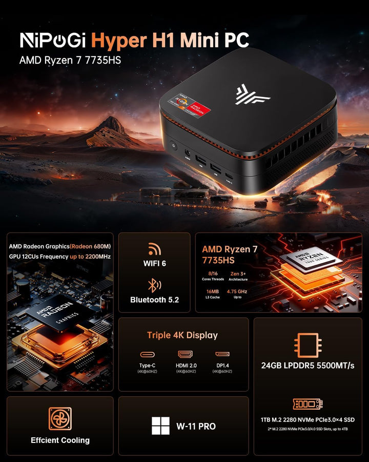 NiPoGi Hyper H1 Mini PC W-11 PRO Α-MD Ryzen 7 7735HS (Max 4.75GHz,8C/16T) 24GB LPDDR5 5500MHz/1TB M.