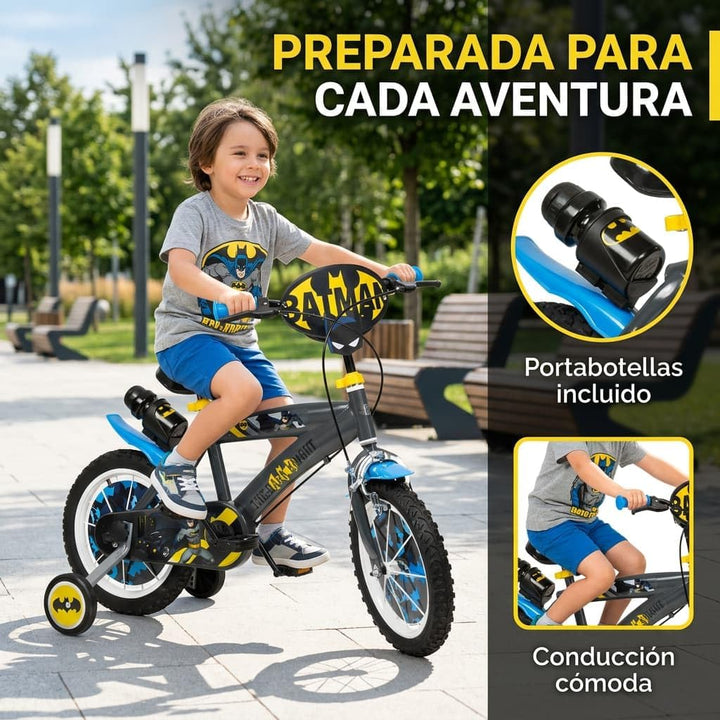 Toimsa Kinderfahrrad Batman 14 Zoll Schwarz/Blau/Gelb | Felgenbremse Trommelbremse Stützräder Speich