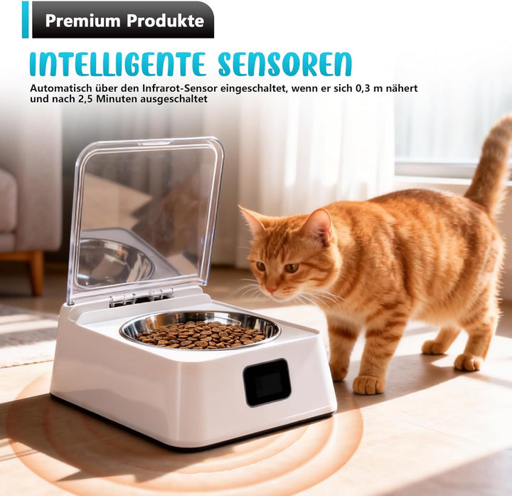 Futterautomat Katze Nassfutter 350 ml – Katzenfutter Automat mit Infrarot Sensor, Leiser Futterspend