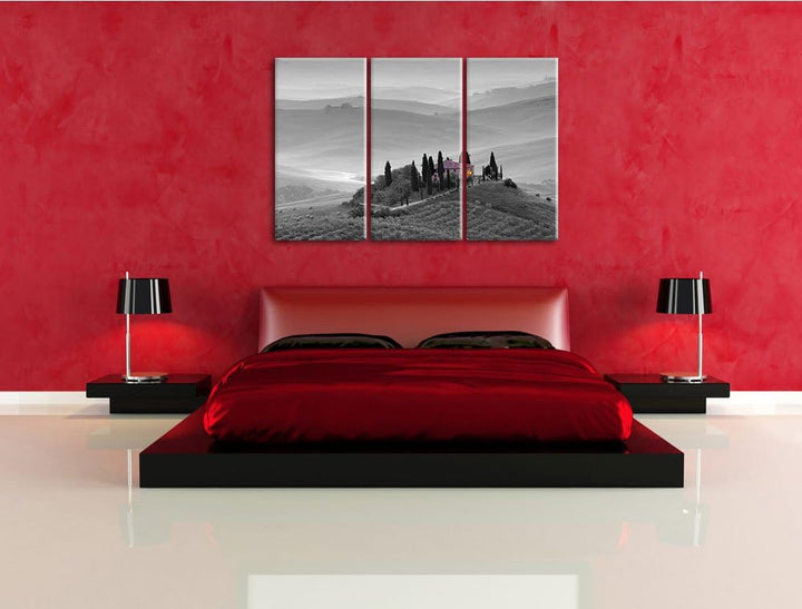 schöne Toskana Landschaft schwarz/weiss auf 3-Teiler Leinwandbild 120x80 Bild auf Leinwand, XXL ries