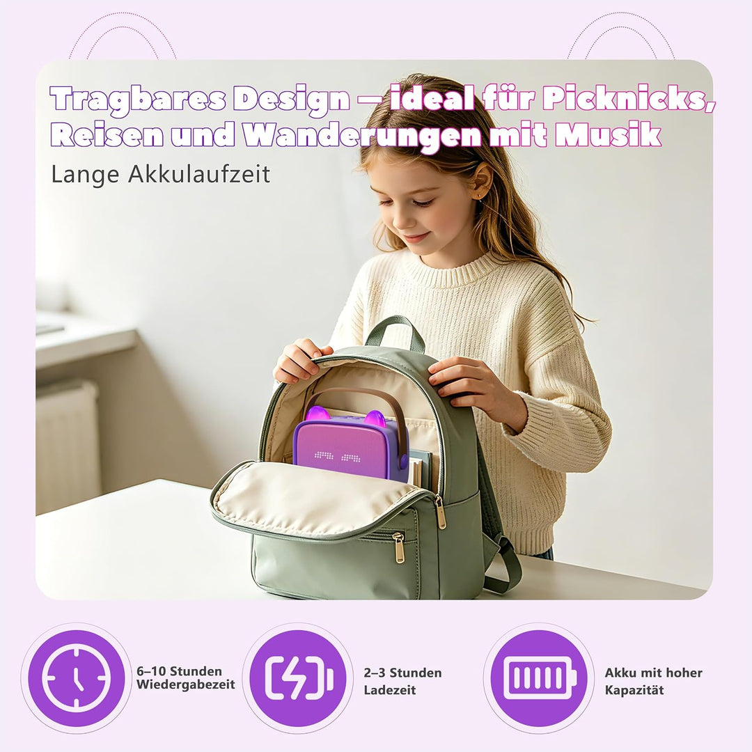 Karaoke Maschine für Kinder mit 2 Kabellosen Mikrofonen, Bluetooth Lautsprecher mit LED Licht, Emoji