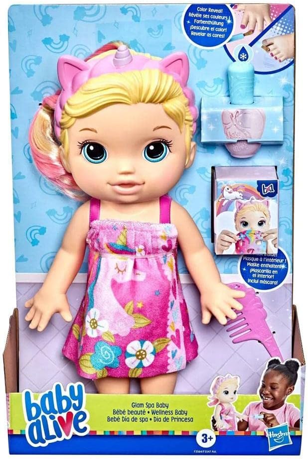 Baby Alive F3564 Baby Beauty Babypuppe, 32,5 cm, Einhorn-Motiv, magisches Make-up und Nägel, Blondes