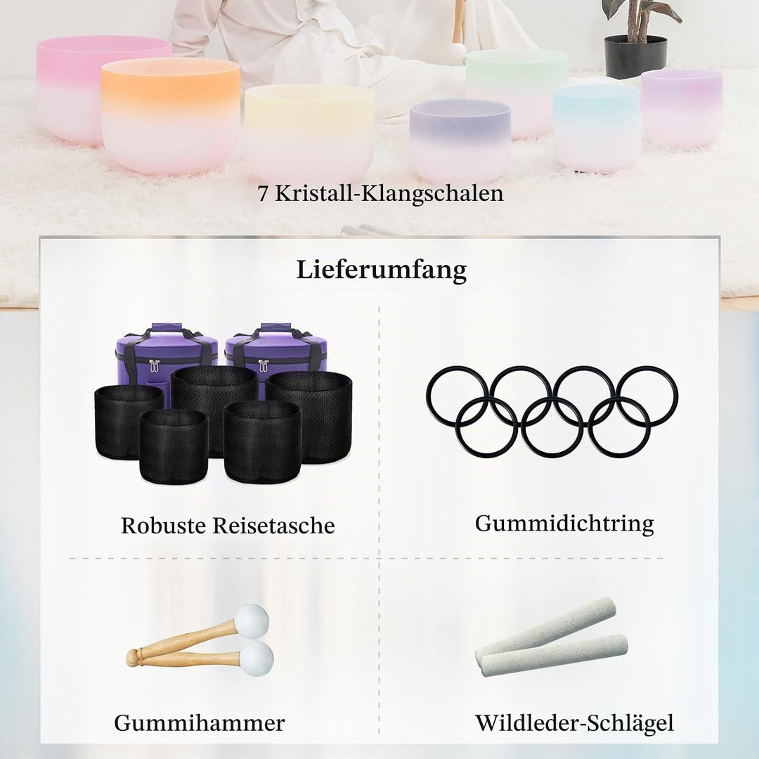 Hye-eun Kristall Klangschalen Set,7Pcs 432 Hz Crystal Singing Bowl (7-12 Zoll) mit Rainbow zweifarbi