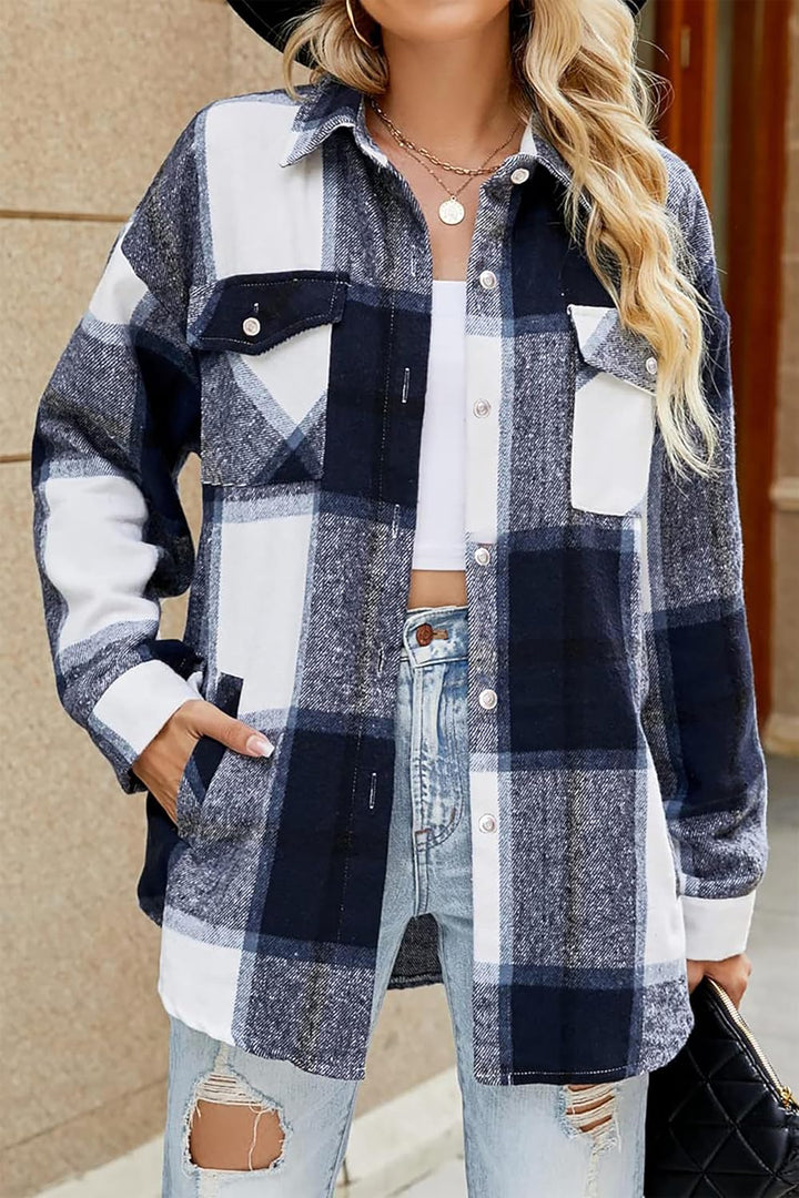Timuspo Damen Flanell Karierte Hemdjacke Lange Ärmel Baumwolle Revers Button-Down-Bluse Shacket Mant