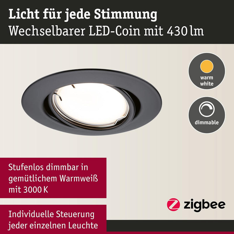 Paulmann 92465 LED Einbauleuchte Base Smart Home Zigbee Basisset schwenkbar rund 230V 3x4,9W 3x430lm