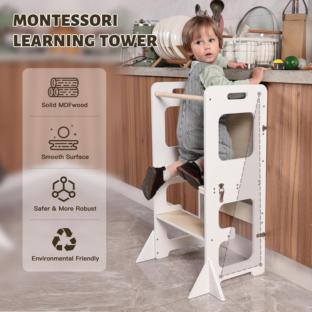 Labebe Lernturm ab 1 Jahr, Montessori Learning Tower mit Tafel, 3 in 1 Multifunktion Lernturm Klappb