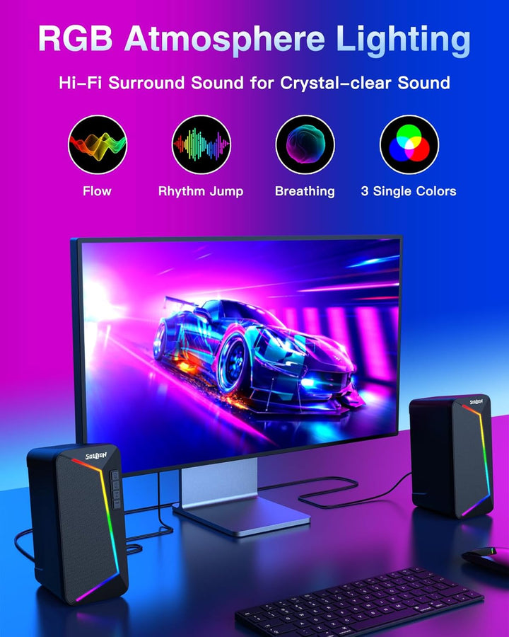 SOULION R40 Computer Lautsprecher, 2.0 USB-betriebene PC Lautsprecher, RGB Beleuchtung Lautsprecher