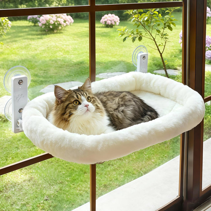 AMOSIJOY Schnurlose Katzenfenstersitzstange, Katzenhängematte für Fenster mit 4 starken Saugnäpfen,