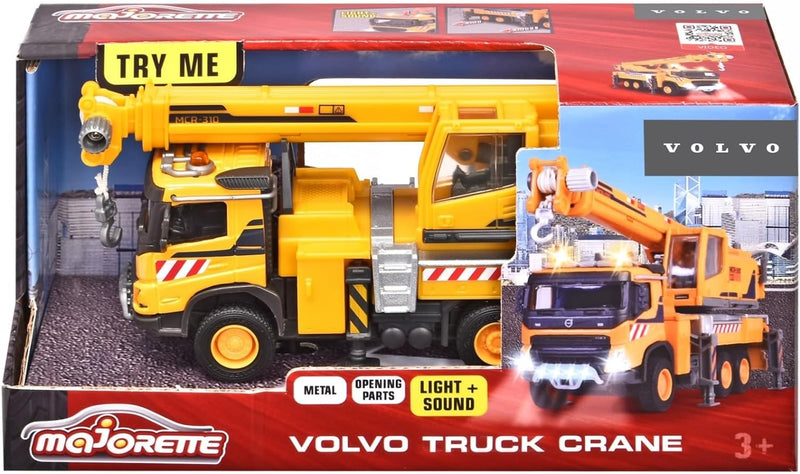 Majorette - Spielzeug-Kranwagen (22 cm) - grosses Volvo Baustellen-Auto mit ausfahrbarem Kran, Seilw