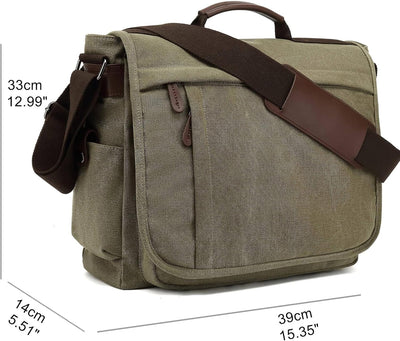 CALIYO Umhängetaschen Herren aus Canvas Schultasche Queformat A4 Laptoptasche für 15,6 Zoll Laptop A