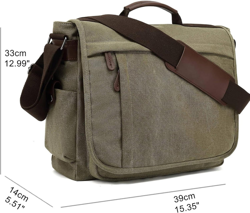 CALIYO Umhängetaschen Herren aus Canvas Schultasche Queformat A4 Laptoptasche für 15,6 Zoll Laptop A